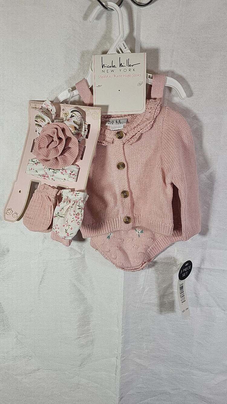 Nicole Miller New York 3-Piece Baby Girl Knit Set - Pink Cardigan, Embroidered R